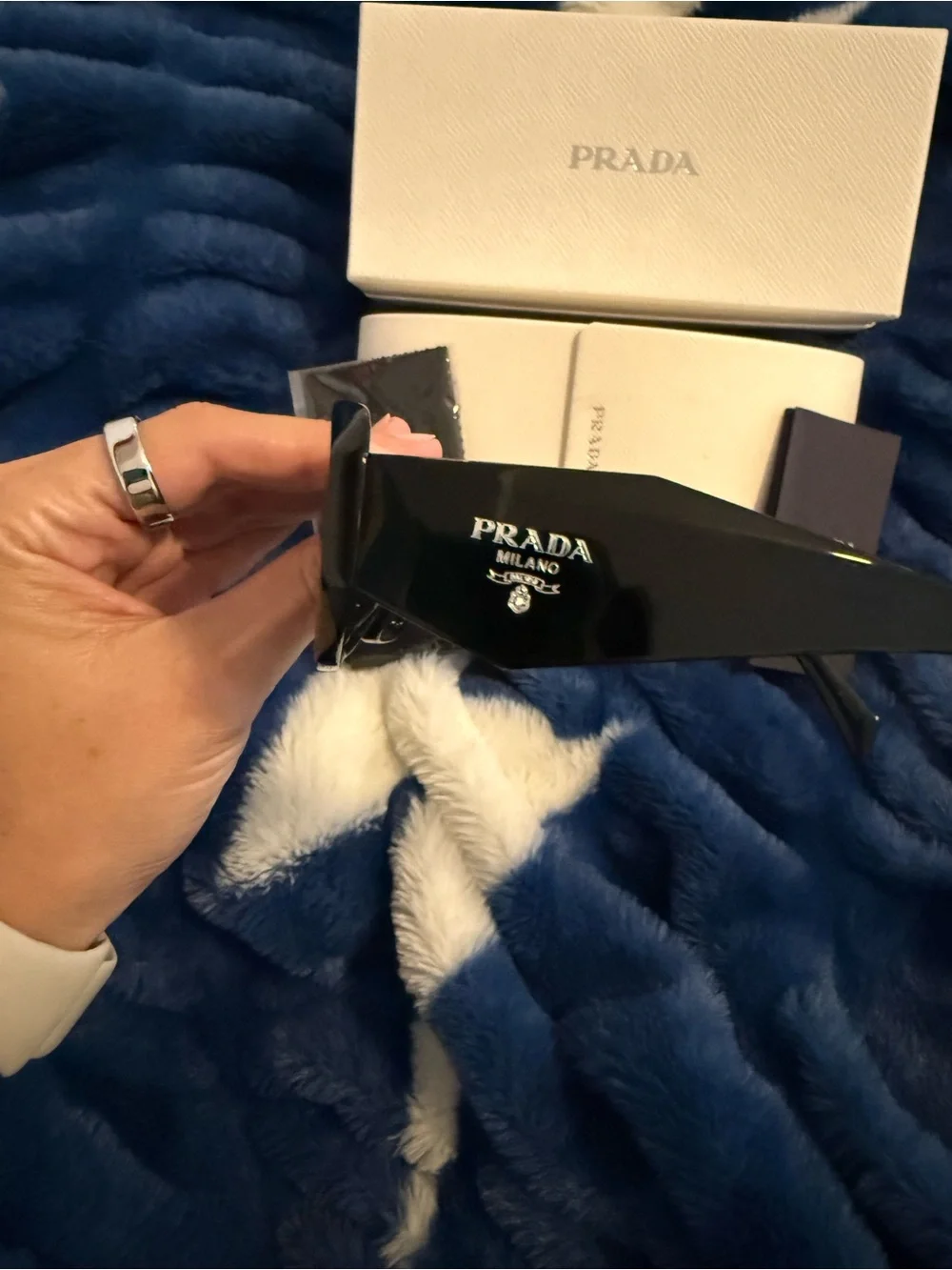 Prada Black Women's Rectangular Sunglasses with Dark Lenses
